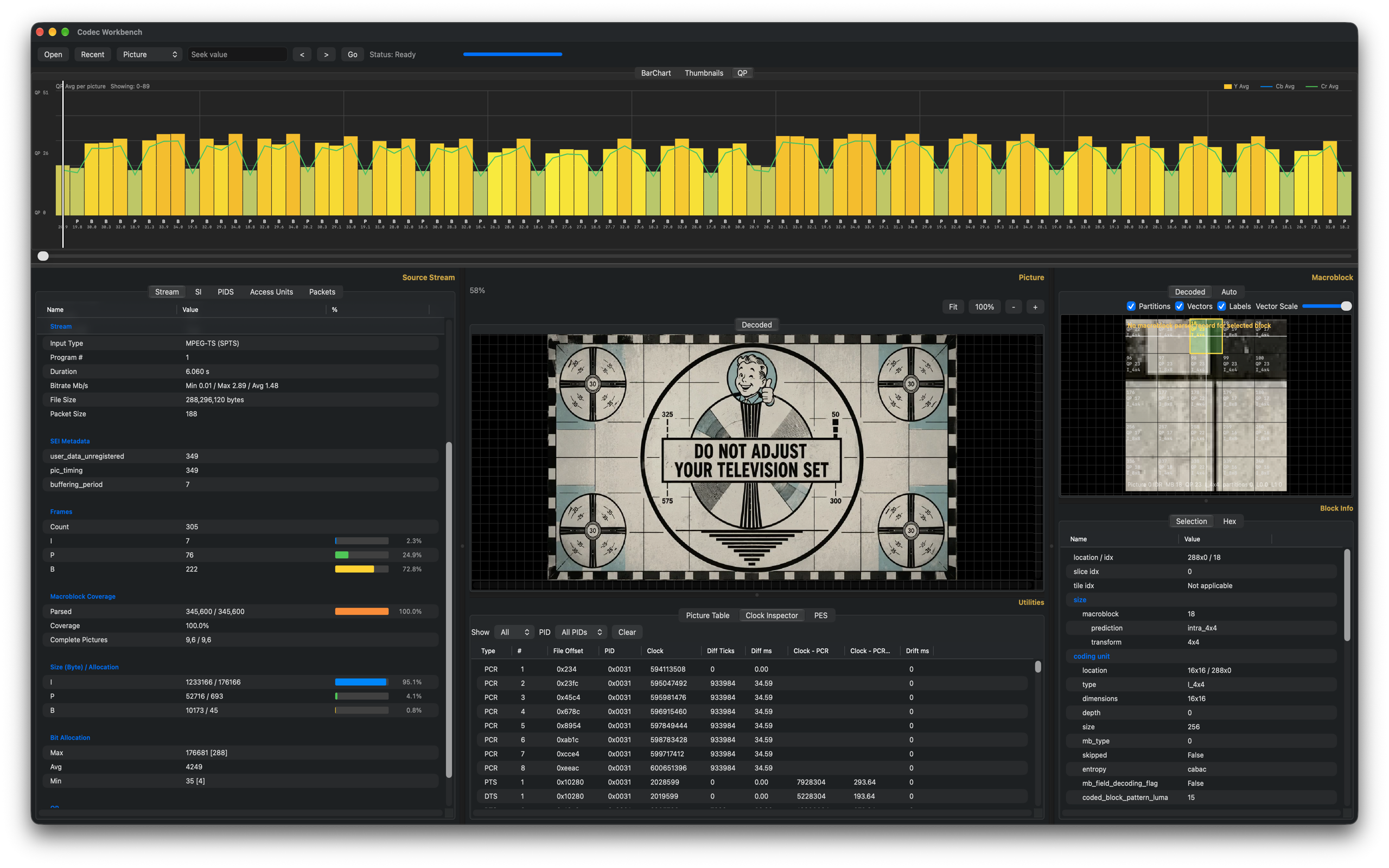 Codec Workbench showing frame chart, stream details, decoded picture, and macroblock inspector.