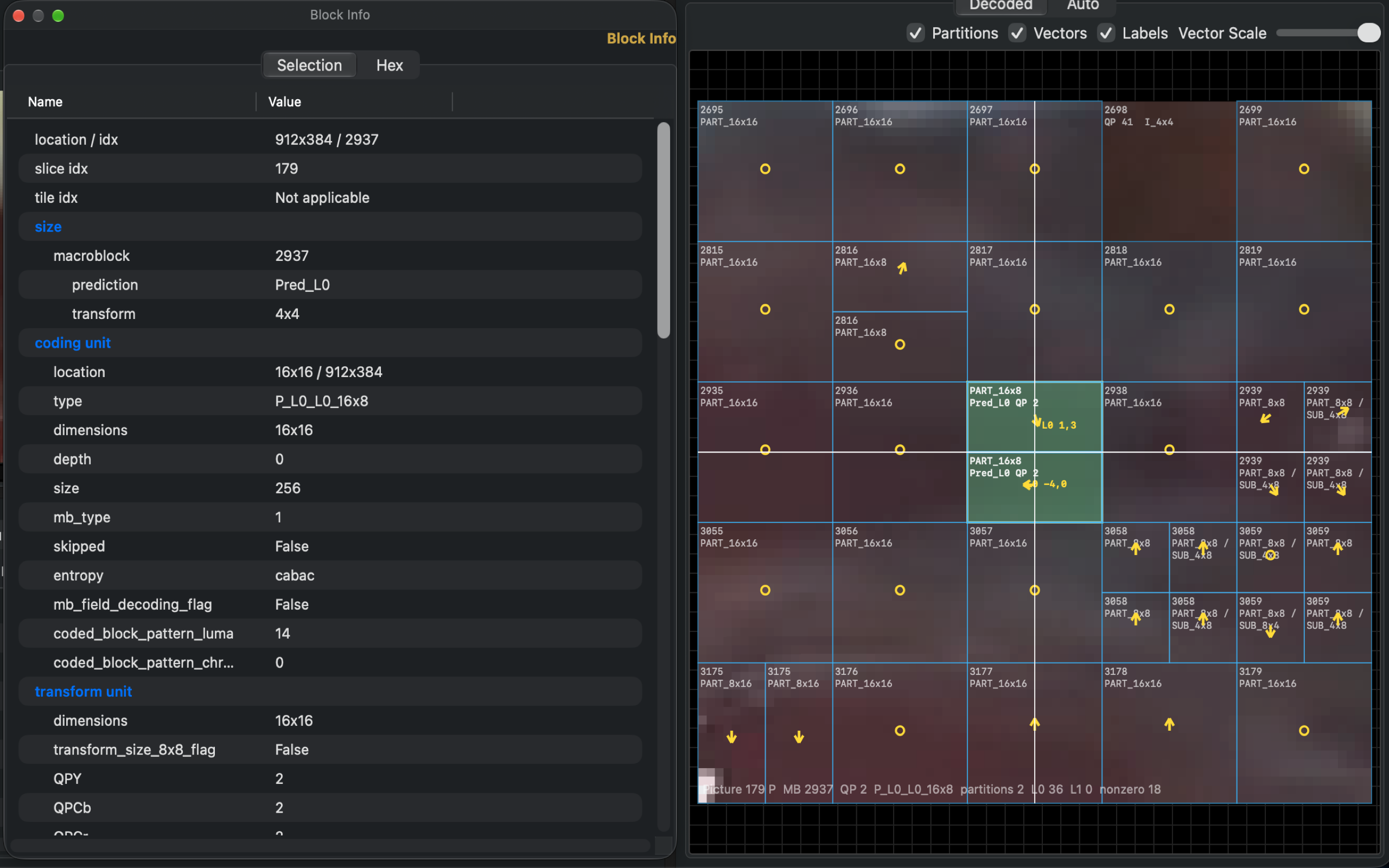 Macroblock inspector with selected block and details.